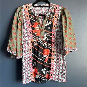 Mixed Floral V-Neck Tunic in Black, Olive & Coral